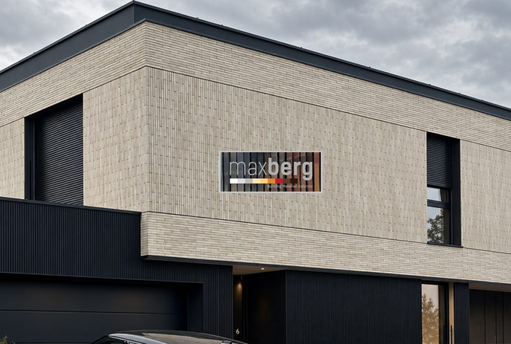 Płytki elewacyjne Long Beige MaxBerg na nowoczesnej elewacji domu